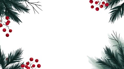 Festive green branches with red berries adorn white background