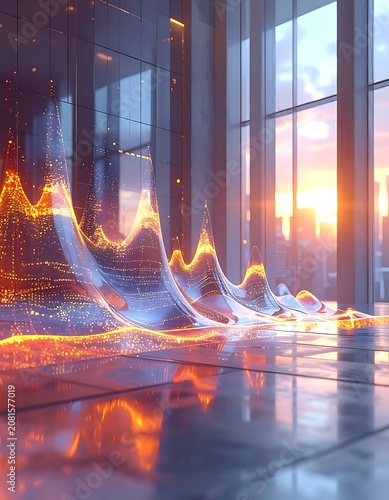 A futuristic room with glowing lines and a cityscape at sunset