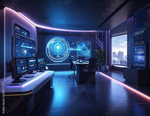 A futuristic room with neon lights and computers (3)