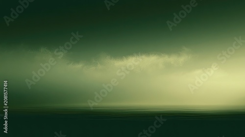 Ethereal green haze obscures a calm, dark water surface and faint, glowing horizon