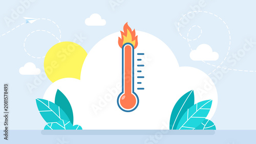Hot thermometer indicator icon with fire flame. Extreme summer heat wave, high temperature measurement, global warming climate change or critical control alert concept. Flat illustration