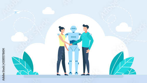 Futuristic AI robot shaking hands with business partners. Artificial intelligence integration in teamwork, smart digital mediation, corporate agreement or tech solution. Flat illustration