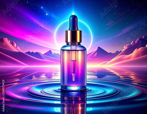 A glowing dropper bottle on rippling water with vibrant mountains