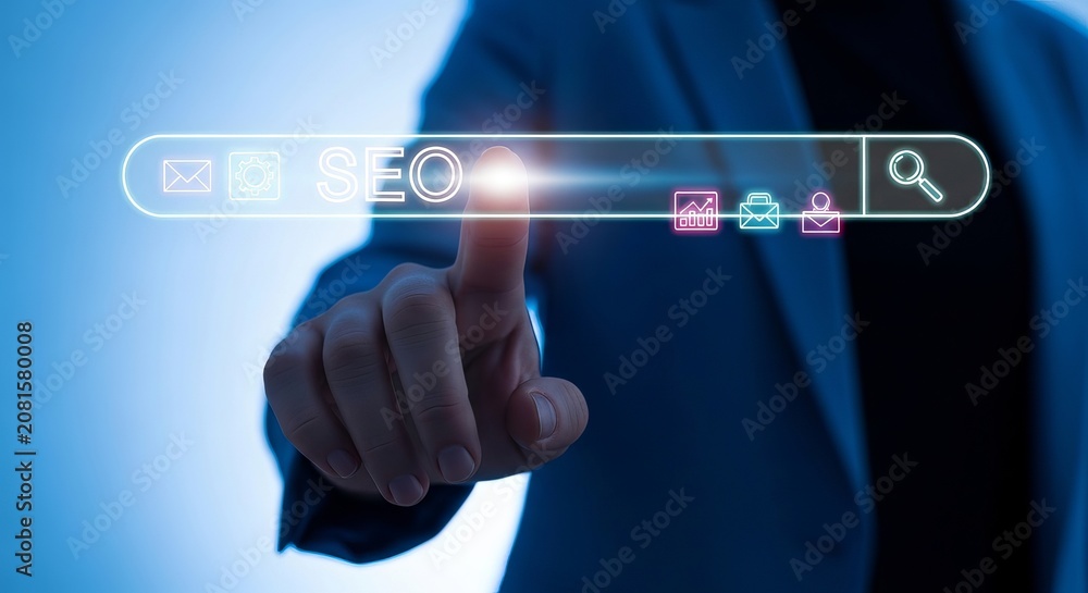 Fototapeta premium Business professional touching a digital SEO search bar in a modern office