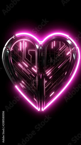 Futuristic Metallic Heart with Glowing Pink Neon Circuits Loops on Black Background 