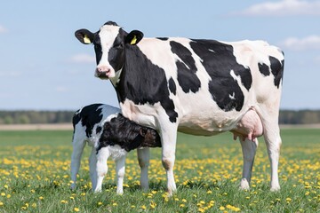 The Holstein cow and calf in a sunlit meadow with yellow flowers