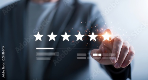 Business professional touching digital five star rating in office setting