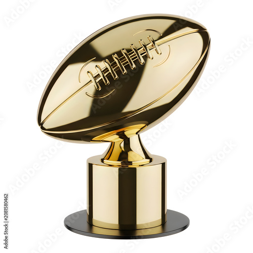 Golden football trophy with metallic stand on dark base