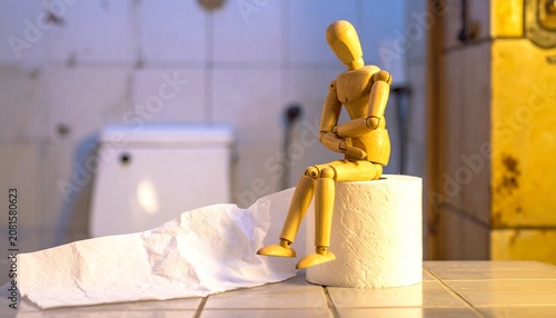 Wooden mannequin sits on toilet paper roll in tiled bathroom, posed in discomfort, humorously symbolizing everyday struggles and relatable human experiences.
