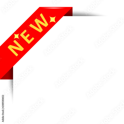Red and gold corner ribbon banners with New text isolated on transparent background, realistic vector 3d design element set.