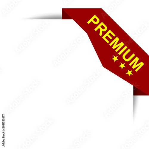 Red and gold corner ribbon banners with Premium text isolated on white background, realistic vector 3d design element set.