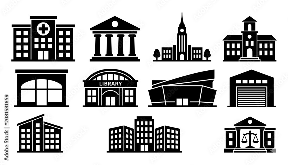 Fototapeta premium Buildings with Various Architectural Styles and Functions in Black and White Icons Featuring Building, Architecture, Hospital