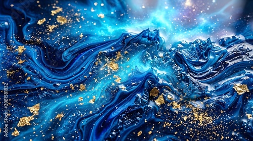 Abstract Blue Liquid Paint Background with Golden Flakes and Texture