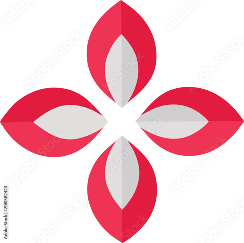 Red flower shape icon with four petals isolated on transparent background, Vector