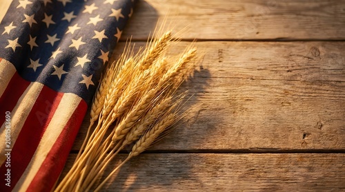 American flag and golden wheat stalks on rustic wooden table background