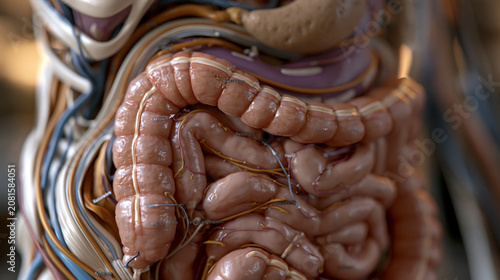 Cross-sectional anatomy diagram of the human digestive system with organ labels, directional flow arrows, and educational callout boxes, side lighting dramatic contrast, designed