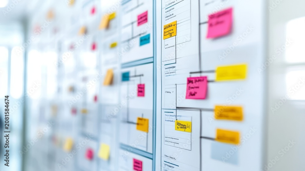 Professional project management kanban board with sticky notes and task workflow diagrams for agile business planning strategies.