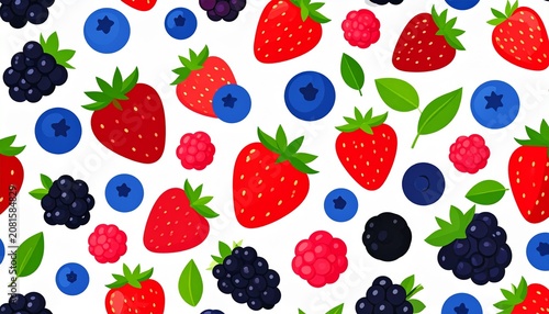 Colorful floral pattern with berries and leaves on white background.