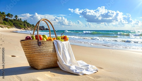 Tropical beach scene with woven basket and sunglasses.