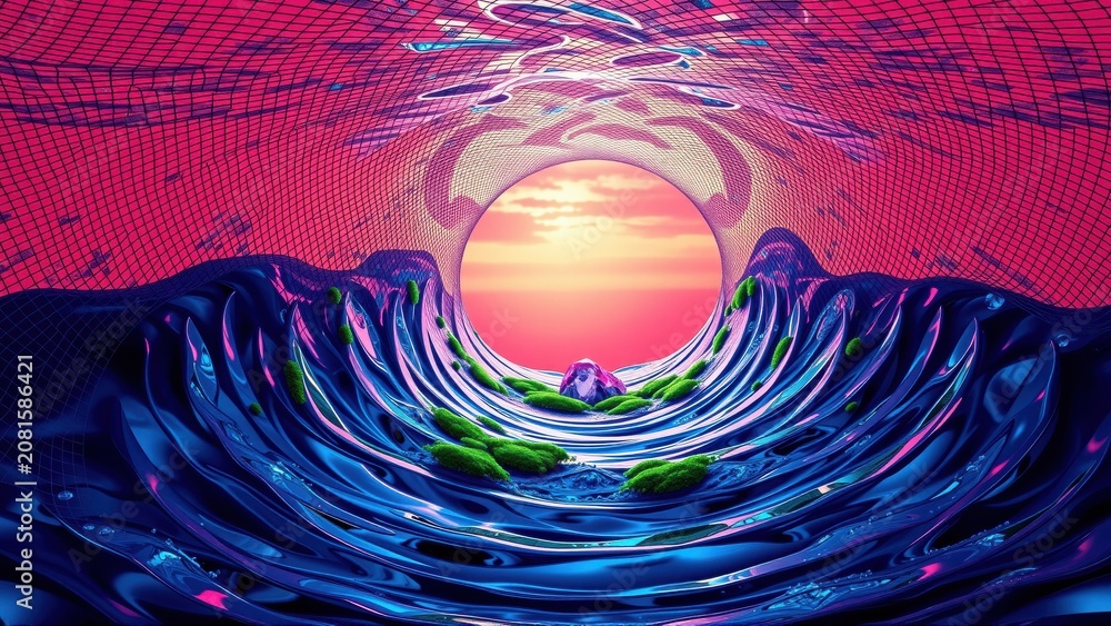 Fototapeta premium Abstract tunnel, vibrant colors, flowing shapes. Pink, blue hues create surreal, immersive experience. Light source visible.