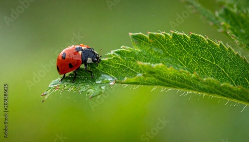 Red ladybug on green grass blade close-up.