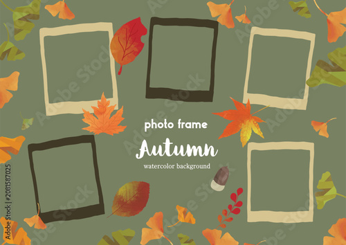 Watercolor autumn photo frame template with autumn leaves