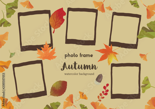 Watercolor autumn photo frame template with autumn leaves