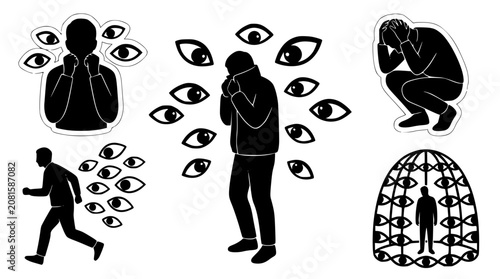 Photos Anxiety silhouette figures surrounded by watchful eyes during stressful situatio