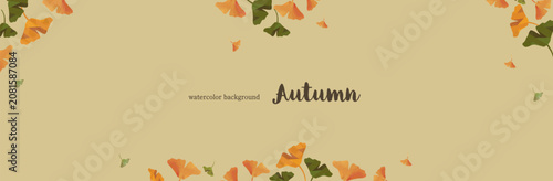 Autumn watercolor background with ginkgo leaves and copy space