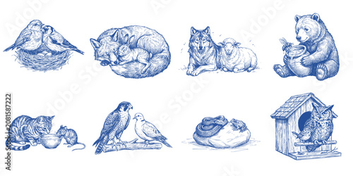 Peaceful Animal Coexistence Illustration Collection with Birds Fox Wolf Bear Cat Owl and Wildlife Harmony