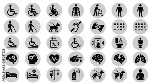 A collection of black disability and accessibility icons displayed within gray circles on white background