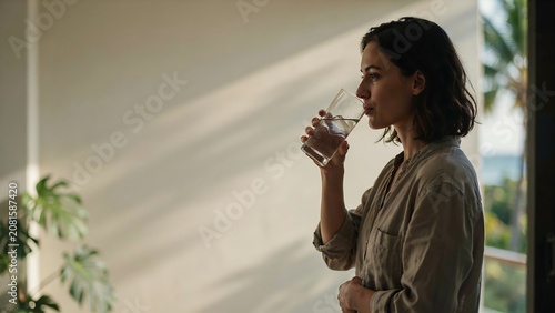 Woman drinking a glass of water in sunlit interior