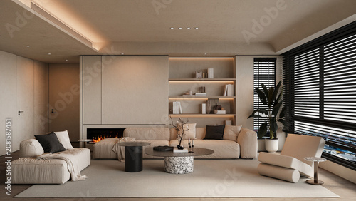 Modern Minimalist house and living room Interior with Natural Light and Elegant Furniture. 3d render