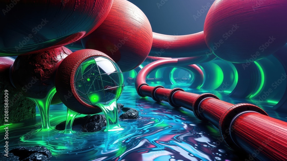 Fototapeta premium Futuristic scene. Red spheres, glowing liquid, dark environment. Complex structures, vibrant colors create surreal atmosphere.