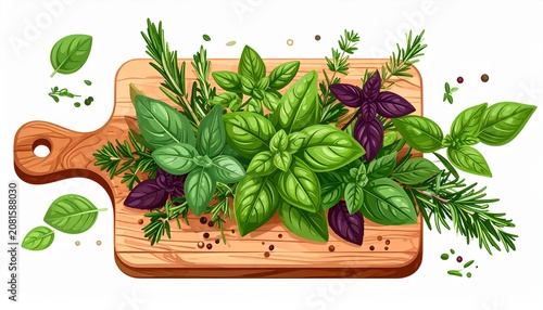 Fresh organic vegetables in wooden crate with herbs.
