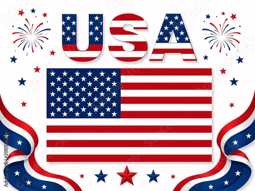 Patriotic USA flag background with fireworks and stars, American national holiday celebration graphic, red white and blue United States decorative banner