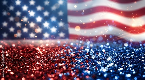 American flag with red and blue glitter background for patriotic events