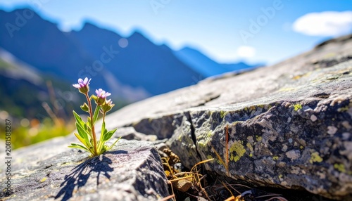 Alpine wildflower blooming on rocky mountain slope.