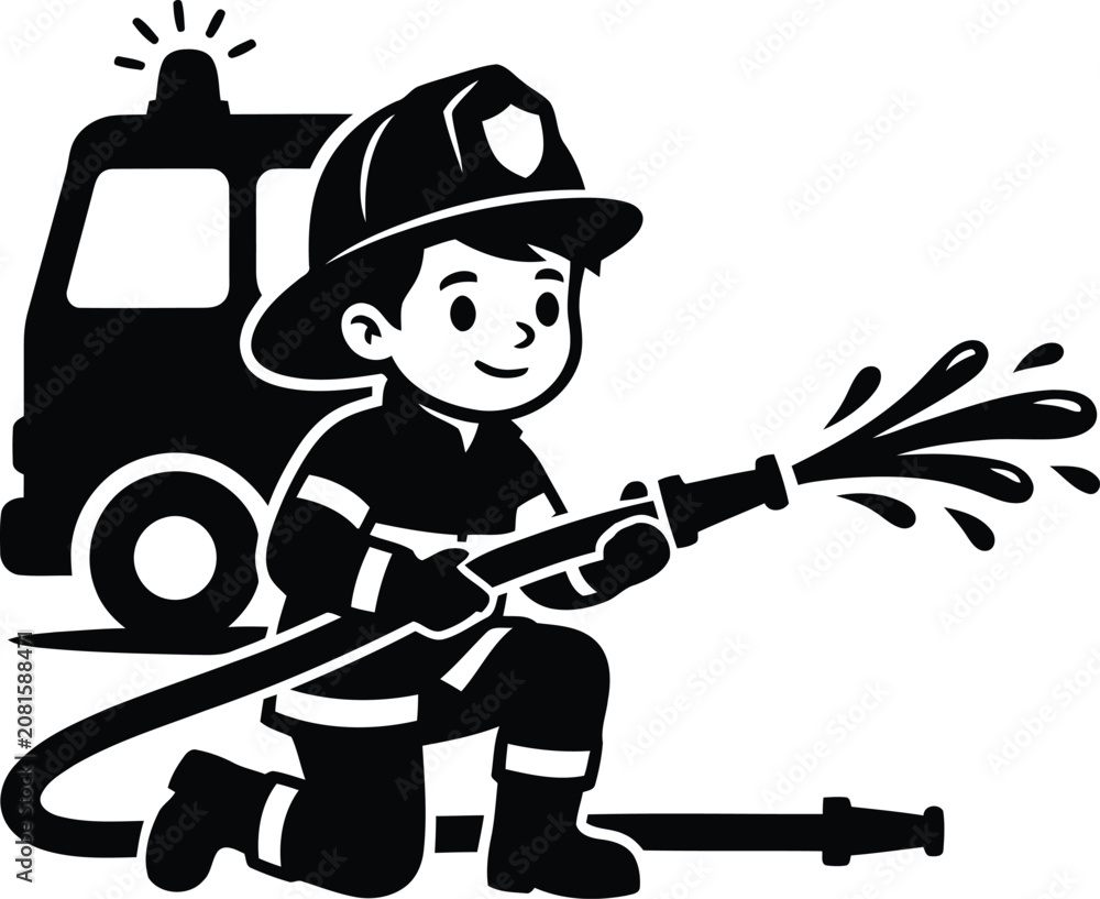 Obraz premium A cute cartoon firefighter holding a water hose to extinguish flames with a fire truck parked in the setting.