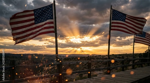 American flags wave on a wooden deck during a scenic sunset landscape