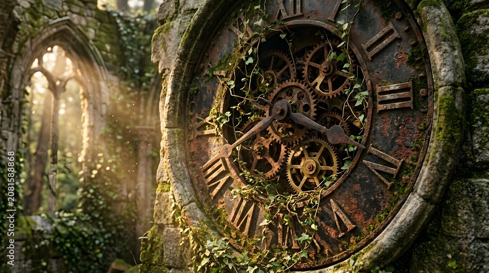 Fototapeta premium Ancient rusty clock mechanism overgrown with ivy in a ruined stone archway