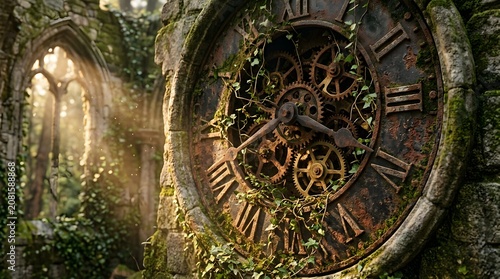 Ancient rusty clock mechanism overgrown with ivy in a ruined stone archway