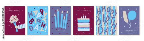 Set of greeting cards for birthday celebration. Hand drawn trendy cartoon cake, happy birthday lettering. Vector illustration