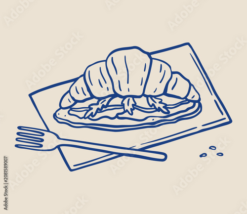 Hand-drawn croissant sandwich with fresh filling on a napkin. French breakfast. Minimal doodle bakery illustration. Perfect for menu, cafe, breakfast, recipe, and food design.