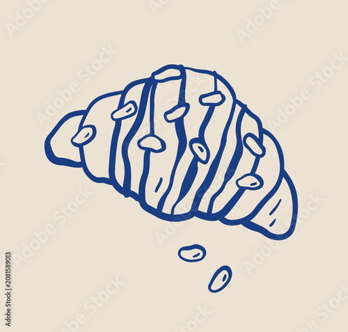 Hand-drawn almond croissant with icing and sliced almond topping. Minimal pastry illustration in doodle style. Perfect for bakery menu, cafe, breakfast, recipe, and food design.