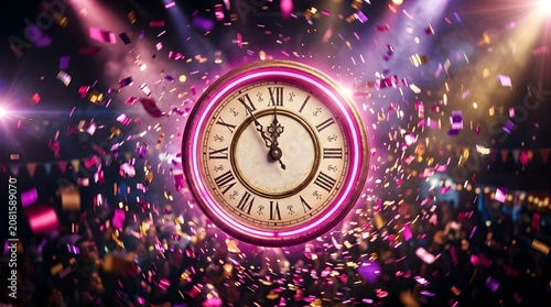 Antique clock at midnight surrounded by falling confetti at a party