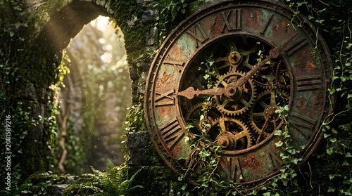 Antique rusted clock face with exposed gears on an ancient stone wall
