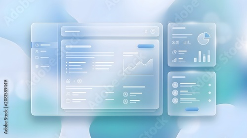 Glassmorphism UI dashboard with futuristic blue hues and data visualization elements