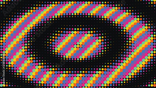 Abstract background featuring colorful halftone circles forming concentric oval patterns.