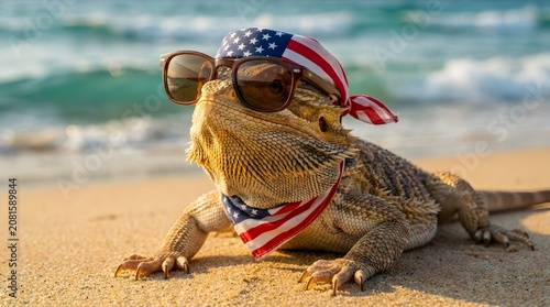 Bearded dragon wearing patriotic bandana and sunglasses on a sunny beach